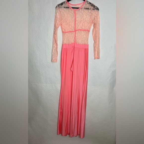 Vintage Sheer Lace Long Sleeve Maxi Dress Flamingo Pink Size Medium Romantic - Picture 4 of 10